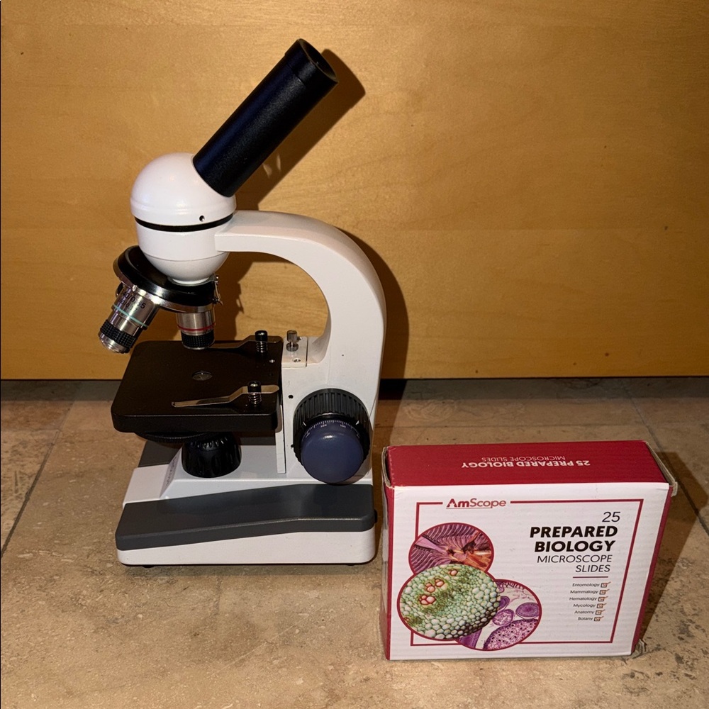 AmScope White and Black Microscope with Slides